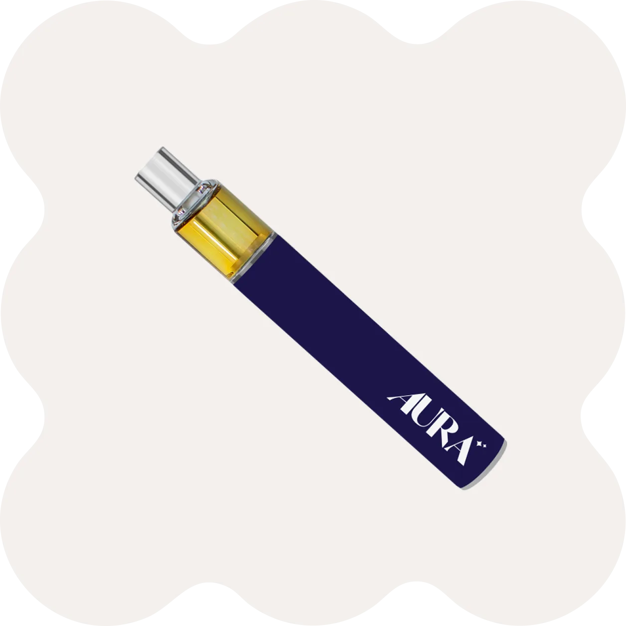 A navy blue vape pen labeled AURA with a transparent cartridge containing yellow liquid, displayed on a white background with wavy black edges.