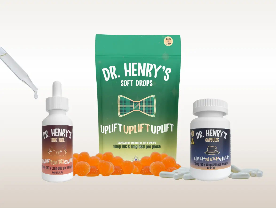 Three Dr. Henrys CBD products: tincture, soft drops in a green pouch, and capsules, with orange gummies and white capsules displayed in front.