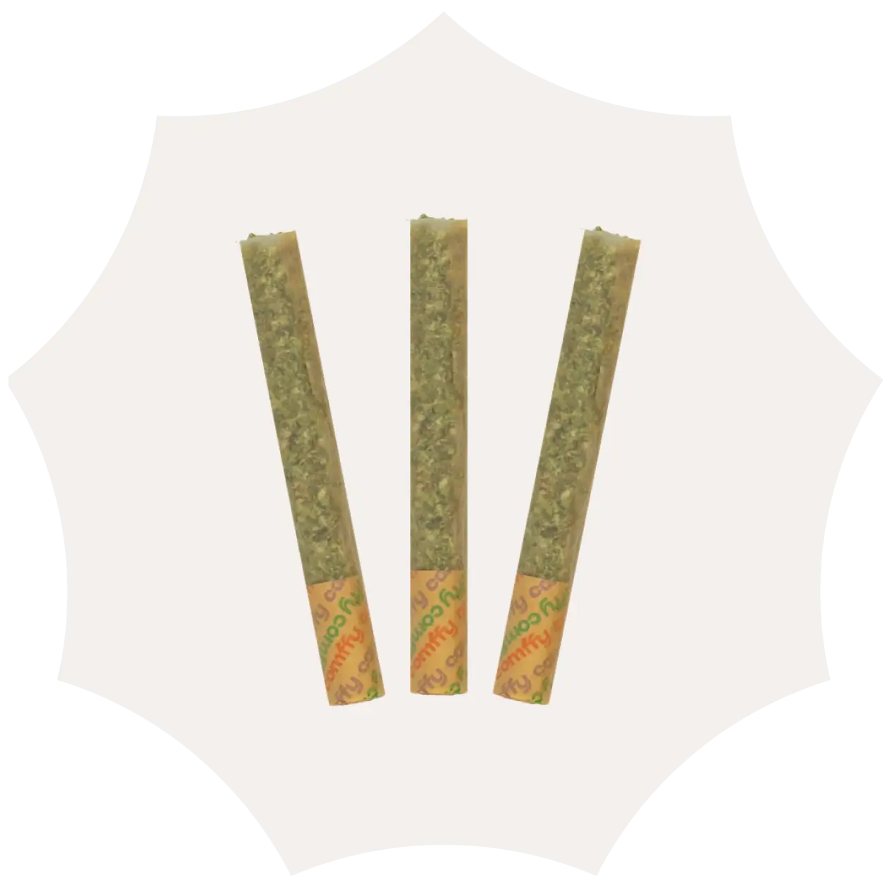 Three marijuana joints in brown paper are arranged upright in a row on a white background. The bottom of each joint has orange and green branding.