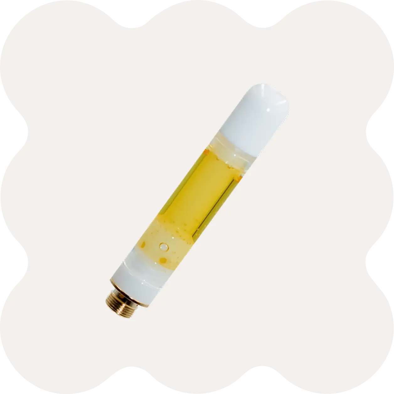 A clear vape cartridge filled with yellow oil, featuring white mouthpiece and base, isolated on a white background with black scalloped edges.