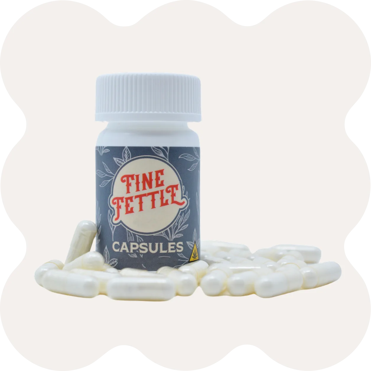 A white bottle labeled Fine Fettle Capsules is surrounded by several white capsules on a light background.