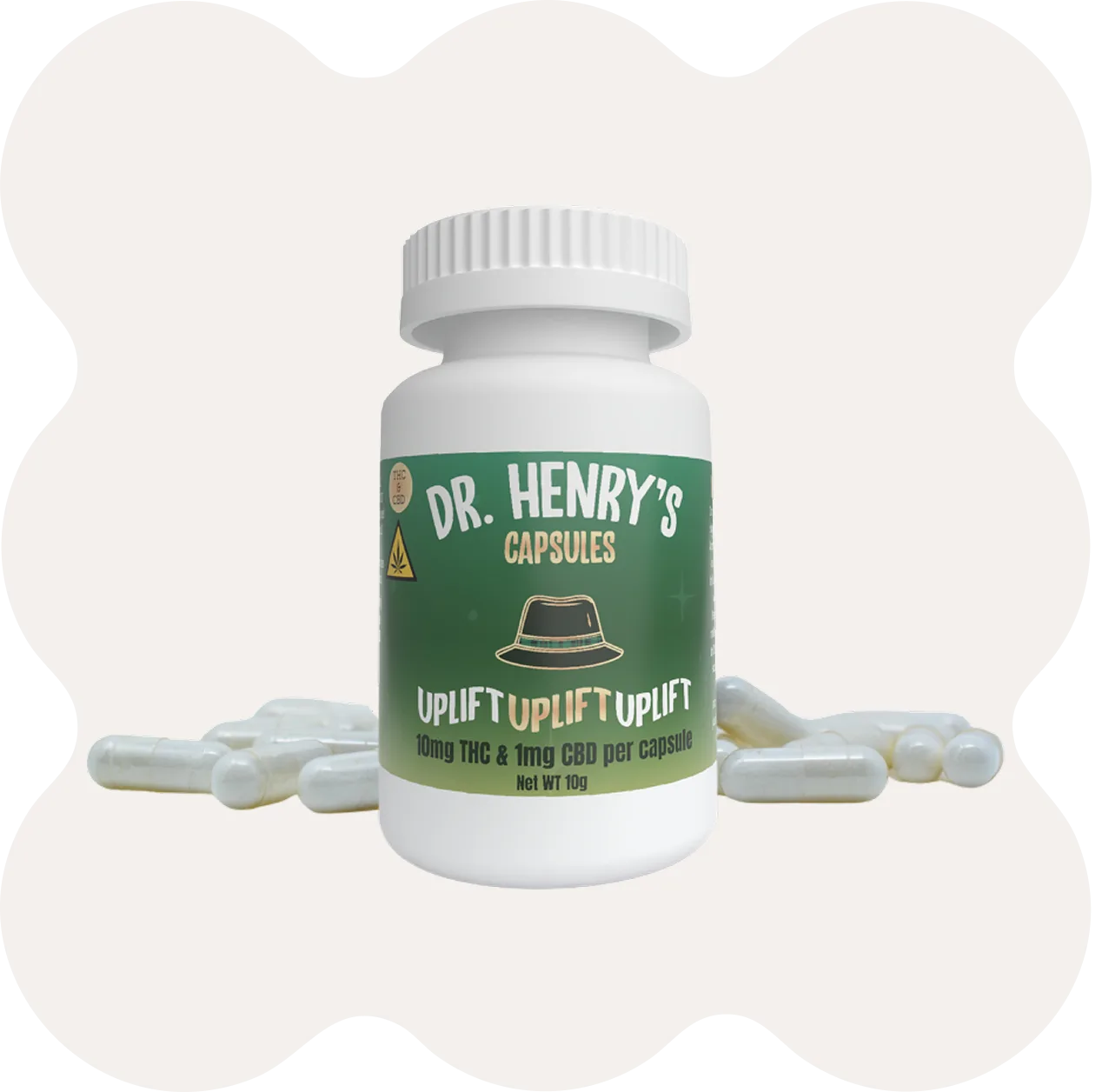A white bottle labeled Dr. Henrys Capsules with Uplift and 10mg THC & 4mg CBD per capsule, surrounded by white capsules on a white background.