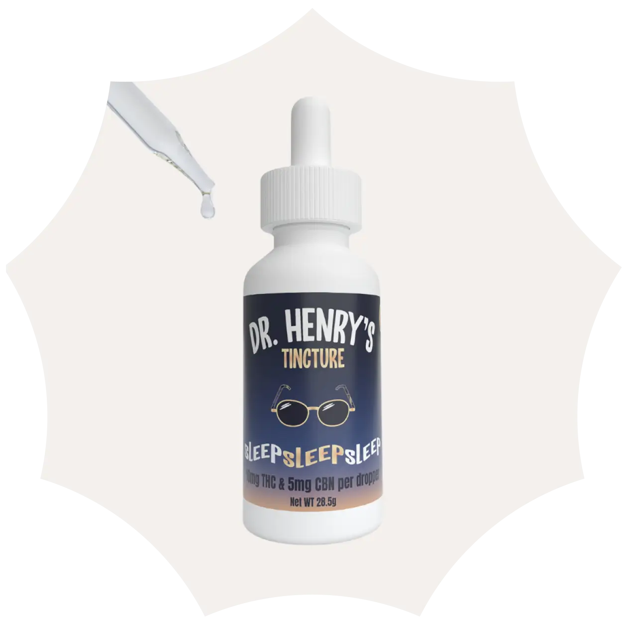 A dropper dispenses liquid near a bottle labeled Dr. Henrys Tincture SLEEPSLEEPSLEEP, indicating 10mg THC and 5mg CBN per dropper.