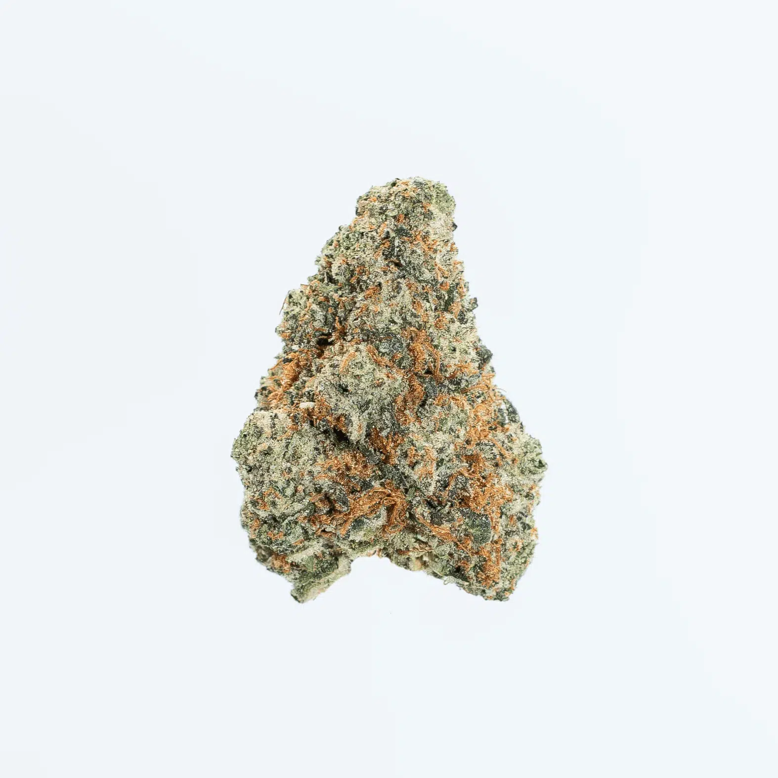 A single cannabis bud with green and orange hues, covered in frosty trichomes, isolated on a plain white background.