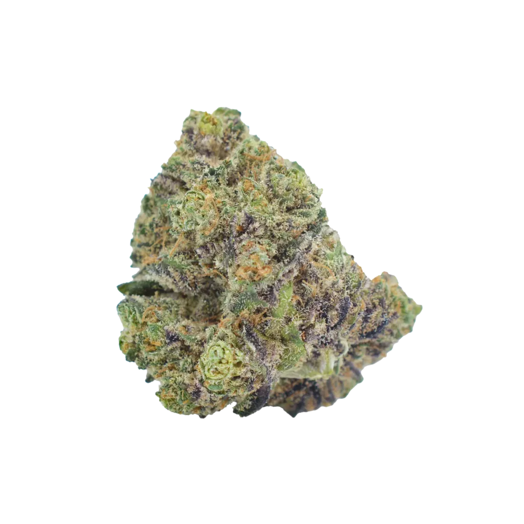 A close-up of a single cannabis bud showing green, orange, and purple hues on a white background.
