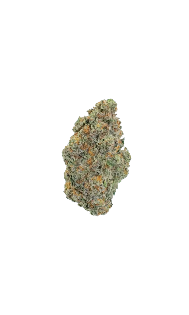 A single cannabis bud with green, orange, and frosty white trichomes, isolated on a plain white background.