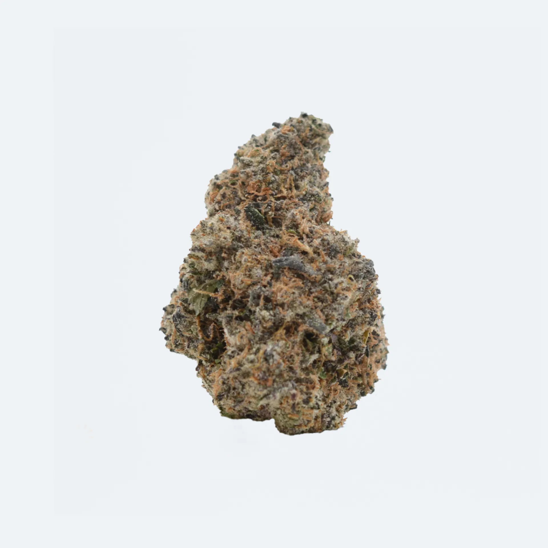 A close-up of a single cannabis bud, showing its green and orange colors with a frosty, crystalline appearance, isolated on a white background.