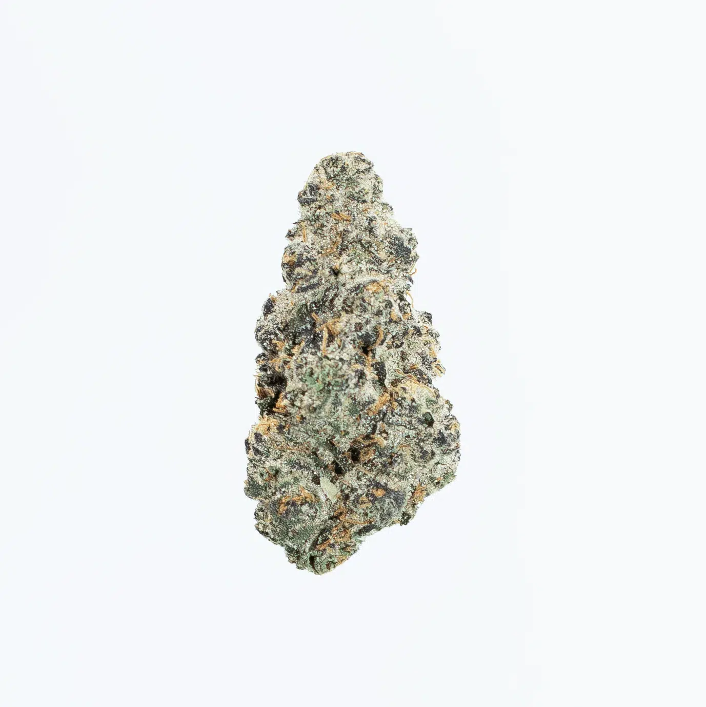 A single cannabis bud with green and orange hues, covered in white trichomes, isolated on a plain white background.