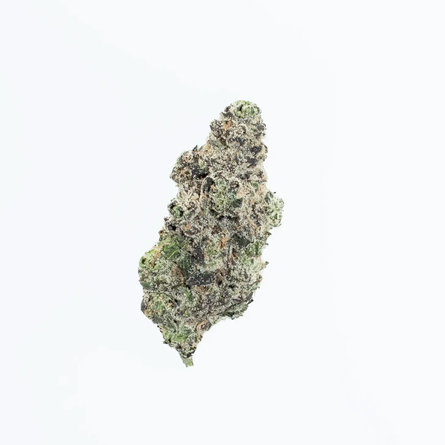 A single cannabis bud with green, purple, and orange hues, covered in frosty white trichomes, isolated on a plain white background.