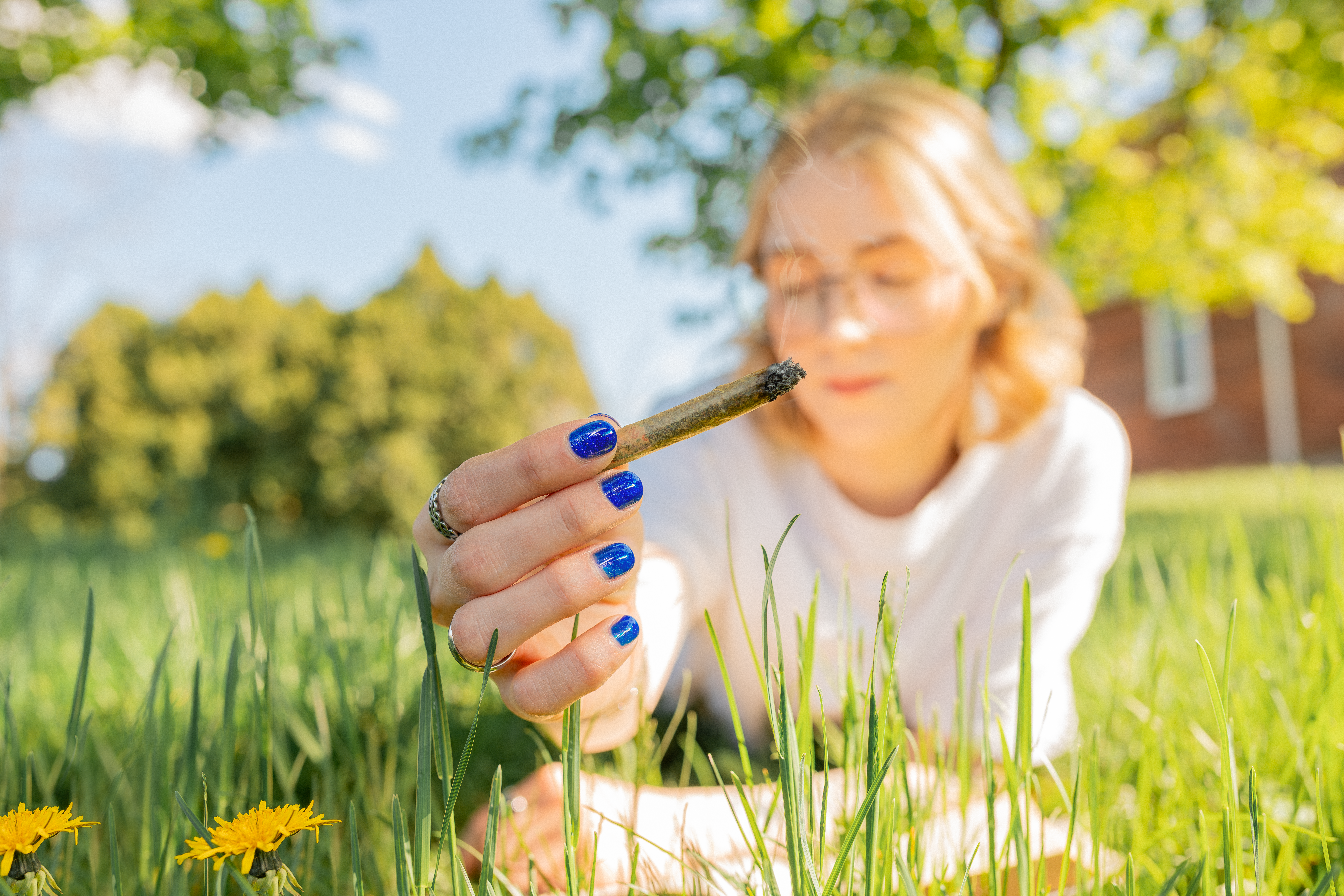 Person with blue nails laying in the grass holding up a lit pre-rolled joint.
